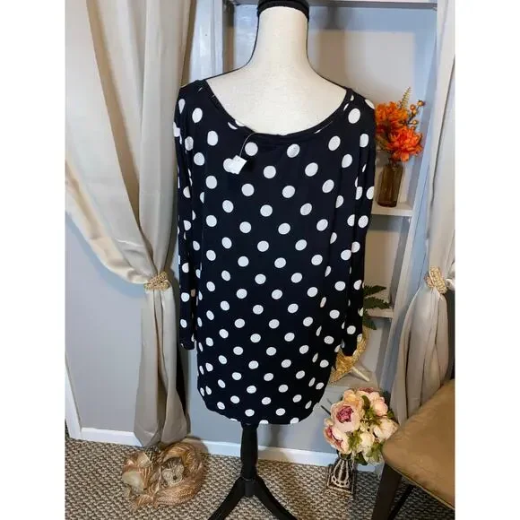 NWT Women’s size 26/28W Cato Black White Polkadot Soft 3/4 Sleeve Top - Picture 5 of 10